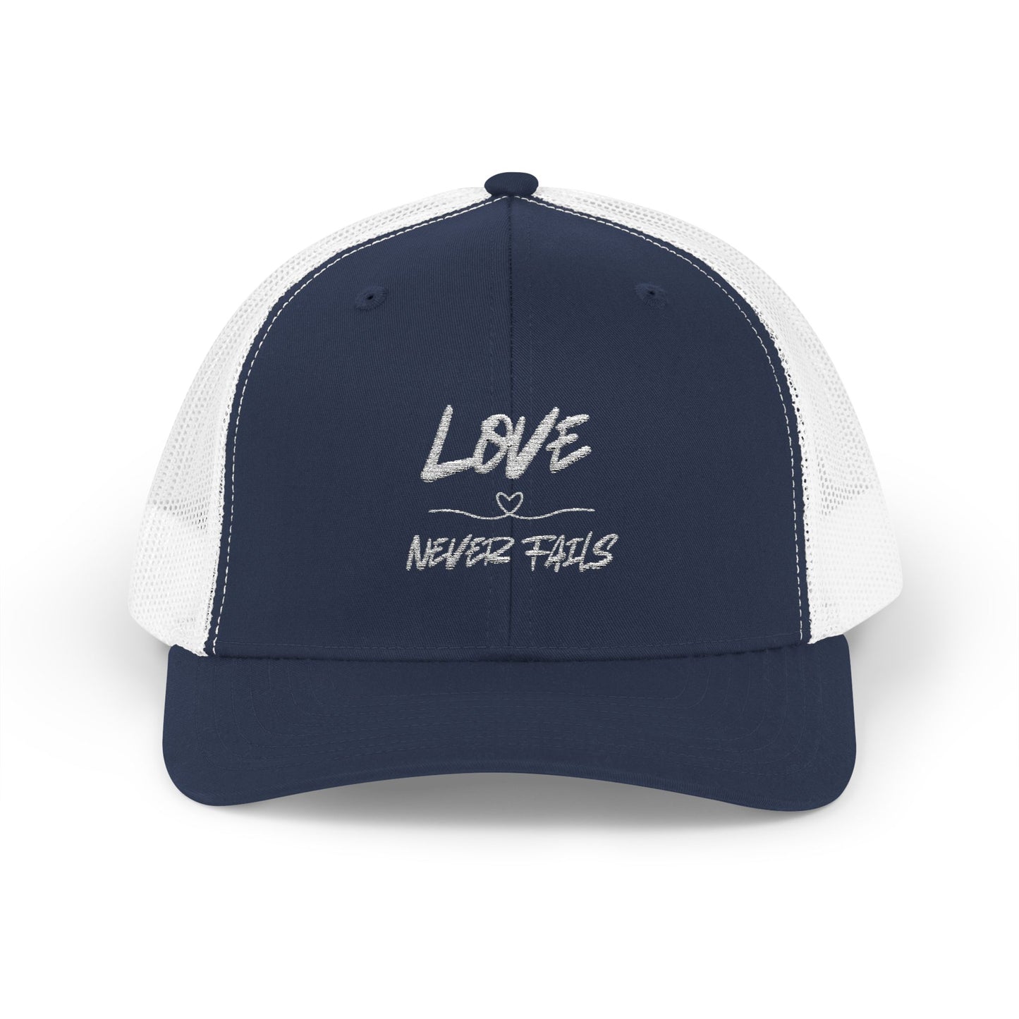 LOVE NEVER FAILS TRUCKER HAT
