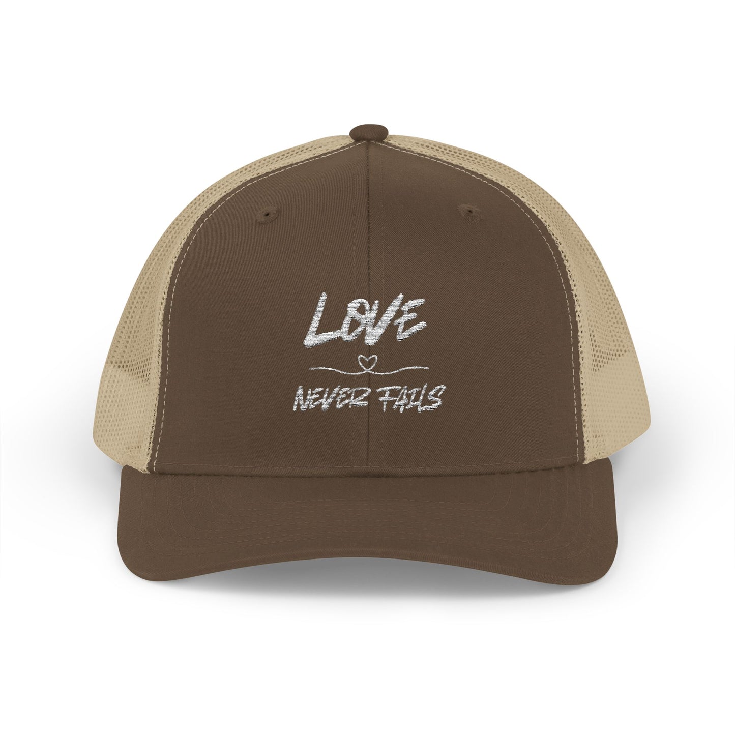 LOVE NEVER FAILS TRUCKER HAT