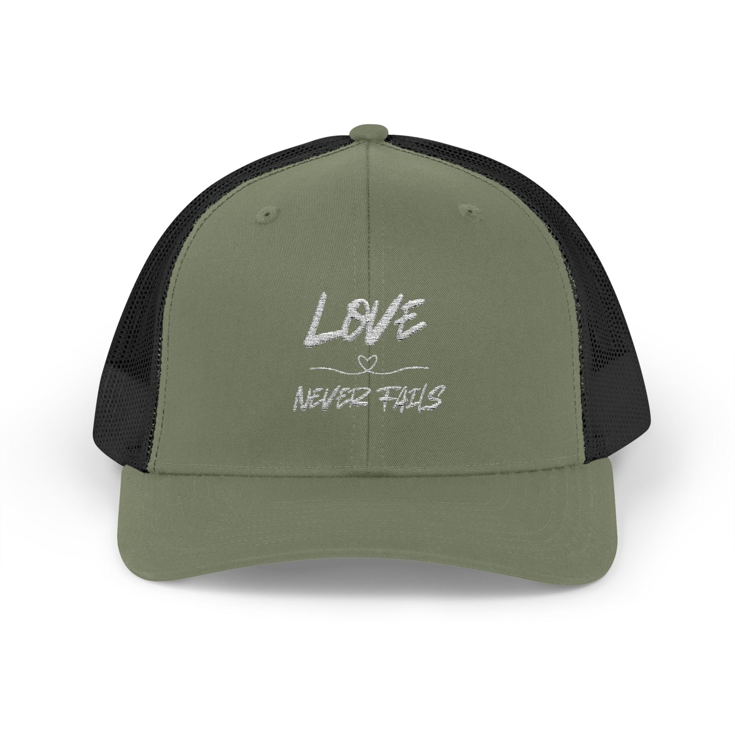 LOVE NEVER FAILS TRUCKER HAT